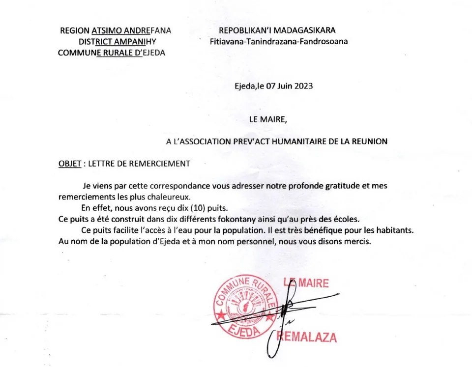 lettre de remerciement maire d'Ejeda pour nos 10 puits