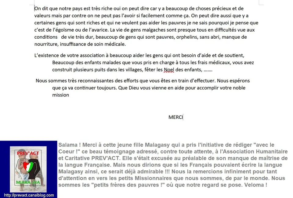 LETTRE DE TEMOIGNAGE JEUNE MALGACHE